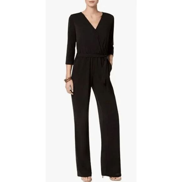 NY Collection Women's Petite Matte Jersey Belted Jumpsuit Black PXL - Picture 1 of 11